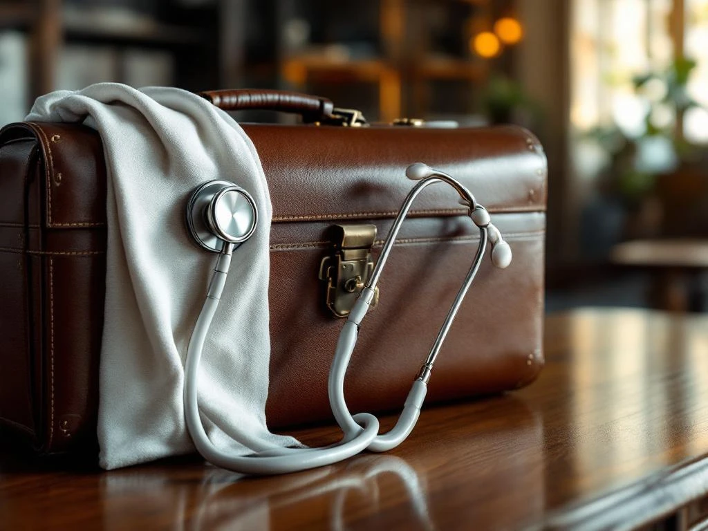 Stethoskop auf Lederkoffer an Mahagoni-Schreibtisch in professionellem Arztpraxis-Ambiente