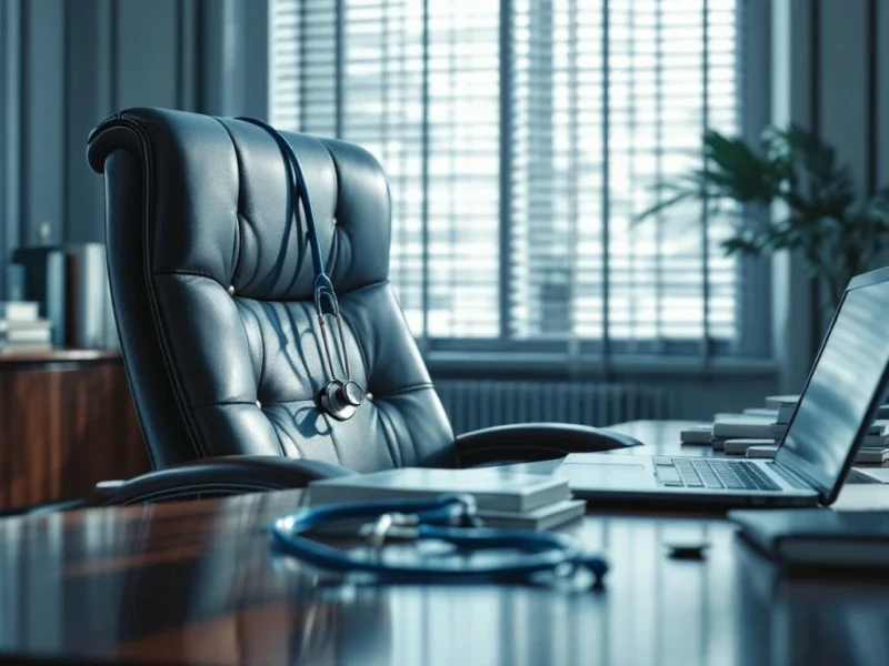 Stethoskop auf leerem Ledersessel in Arztpraxis mit Schreibtisch, medizinischen Zeitschriften und natürlichem Licht