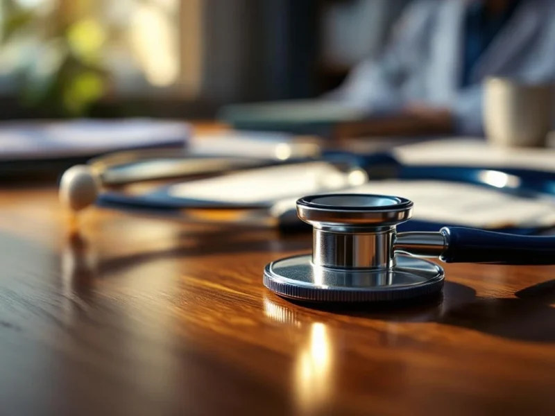 Stethoskop liegt auf Mahagoni-Schreibtisch mit medizinischen Dokumenten und weißem Kittel im Hintergrund