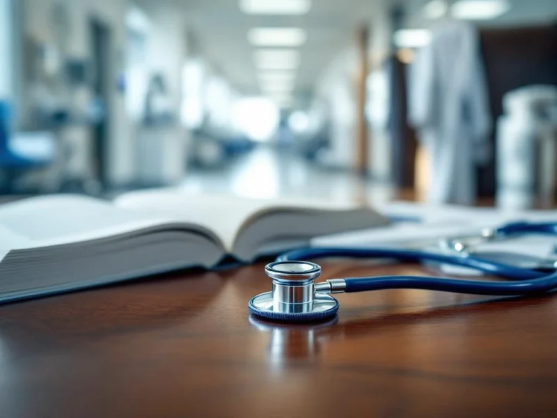 Stethoskop auf Mahagoni-Schreibtisch mit Medizinbuch und Arztkittel in professioneller Klinikumgebung