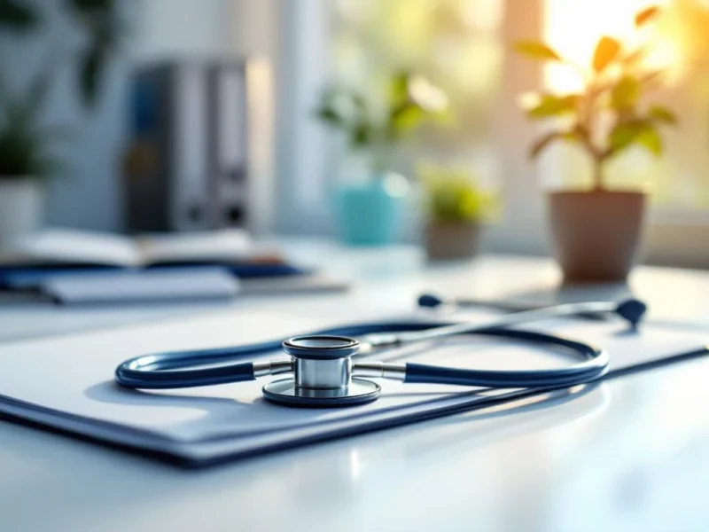 Stethoskop auf Klemmbrett am Schreibtisch in Arztpraxis mit natürlichem Licht und kleiner Pflanze im Hintergrund