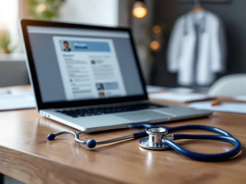 Stethoskop und Laptop mit Lebenslauf-Vorlage auf Holzschreibtisch, medizinische Zertifikate und weißer Kittel im Hintergrund