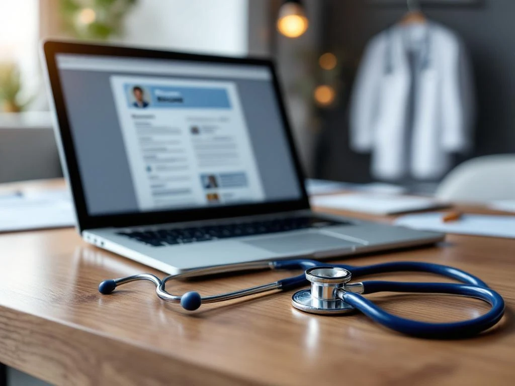 Stethoskop und Laptop mit Lebenslauf-Vorlage auf Holzschreibtisch, medizinische Zertifikate und weißer Kittel im Hintergrund