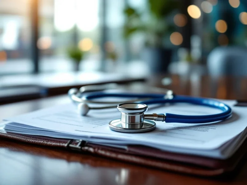 Stethoskop auf Ledermappe mit medizinischen Dokumenten auf Mahagonischreibtisch, Krankenhaus im Hintergrund