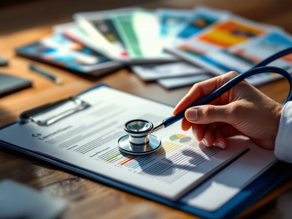 Arzt hält Stethoskop über medizinische Unterlagen und Klinikbroschüren auf Holzschreibtisch
