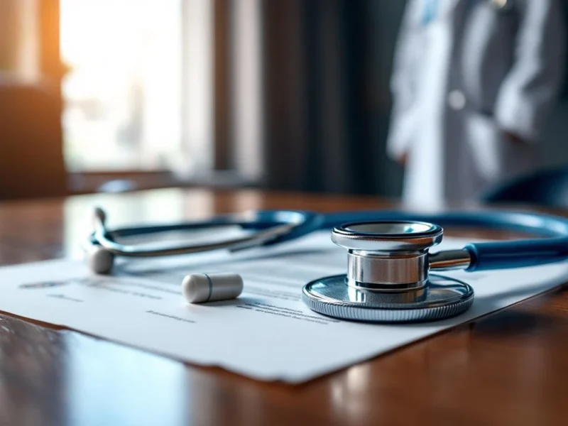 Stethoskop auf medizinischen Dokumenten mit Siegeln auf Holzschreibtisch, Arztkittel im Hintergrund