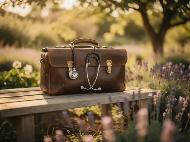 Stethoskop liegt auf alter Ledertasche auf Gartenbank, umgeben von blühendem Lavendel im warmen Nachmittagslicht
