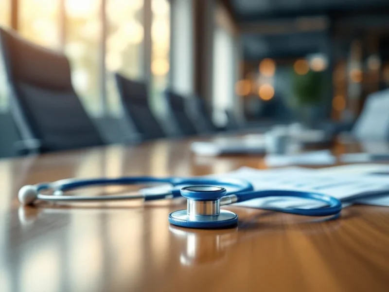 Stethoskop auf Konferenztisch mit leeren Stühlen, medizinische Unterlagen und natürliches Licht im Besprechungsraum