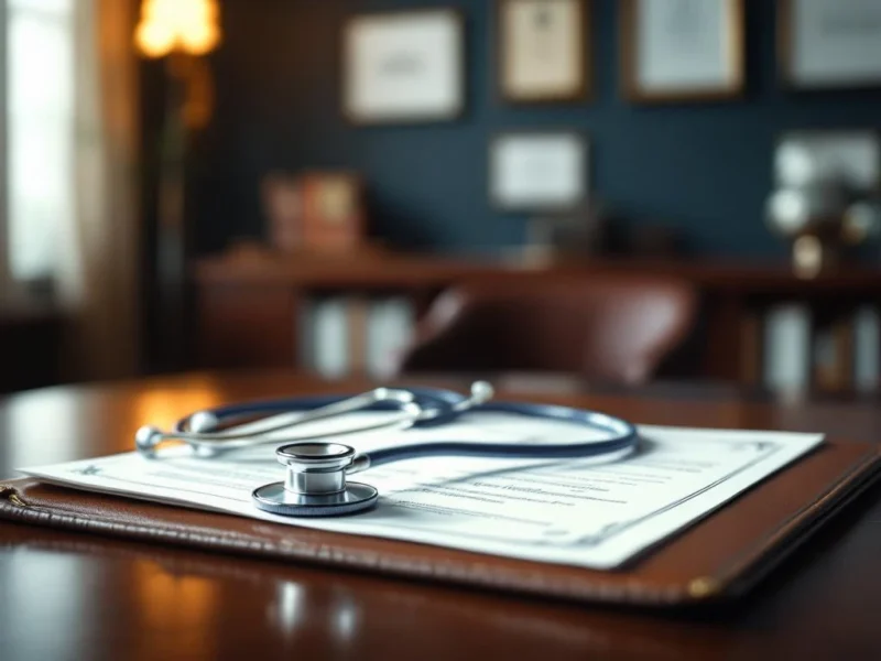 Stethoskop auf offenem Lederportfolio mit medizinischen Zertifikaten auf Mahagonischreibtisch im Arztbüro