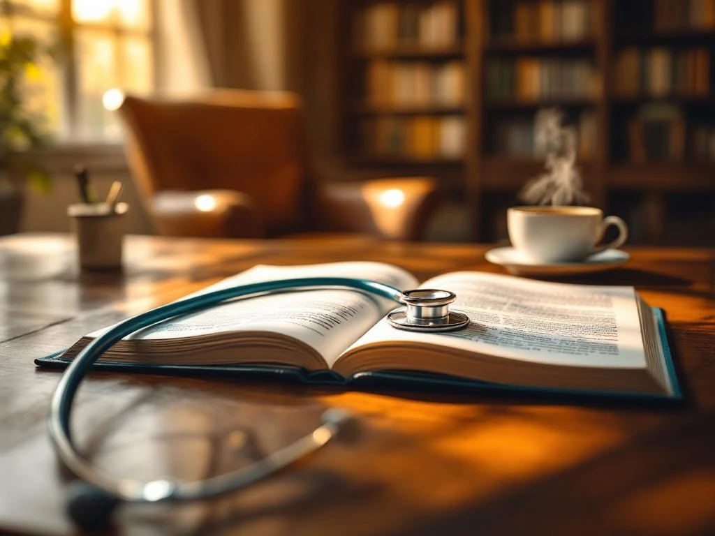 Stethoskop auf offenem Medizinbuch am Mahagonischreibtisch, Ledersessel und Bücherregale im Hintergrund