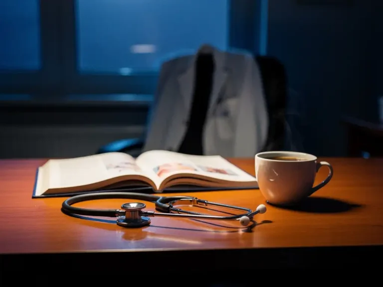 Stethoskop auf Holzschreibtisch neben offenem Medizinbuch und Kaffeetasse, Mondlicht durch Krankenhausfenster, Arztkittel im Hintergrund