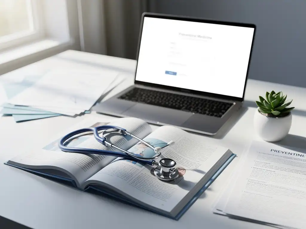 Stethoskop auf medizinischem Journal neben Laptop mit digitalem Formular, umgeben von Präventivmedizin-Dokumenten