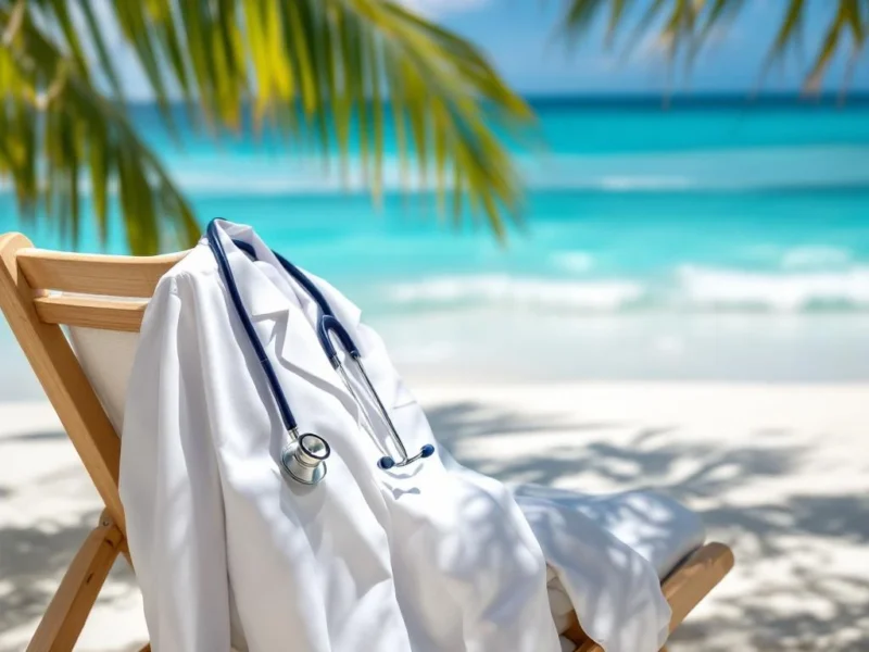 Stethoskop auf Strandkorb mit weißem Arztkittel am türkisfarbenen Ozean symbolisiert Work-Life-Balance im Urlaub