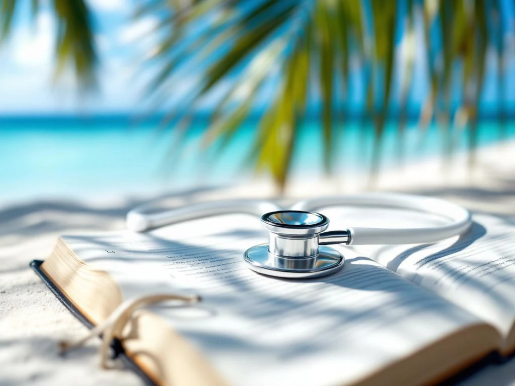 Stethoskop und medizinisches Journal am tropischen Strand mit türkisem Wasser und Palmen im Hintergrund