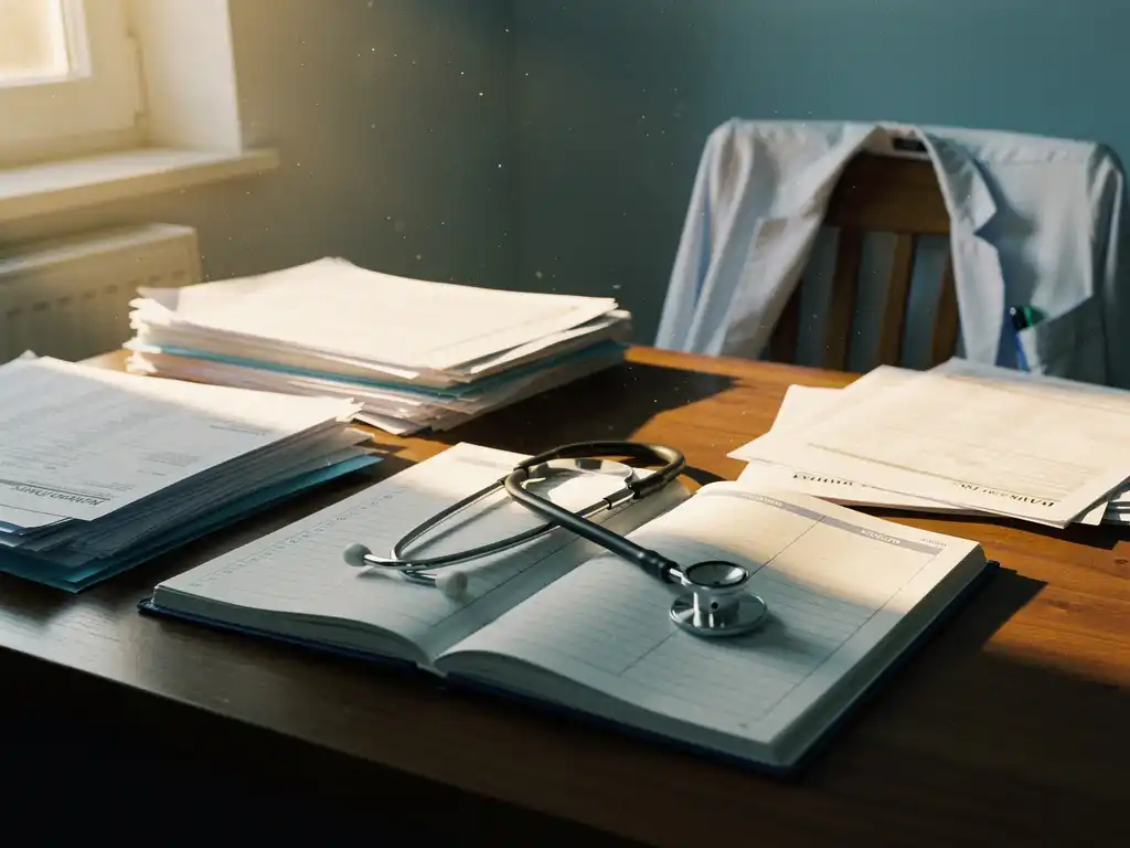 Stethoskop auf geöffnetem Terminkalender mit handschriftlichen Einträgen, umgeben von Arztdokumenten und weißem Kittel