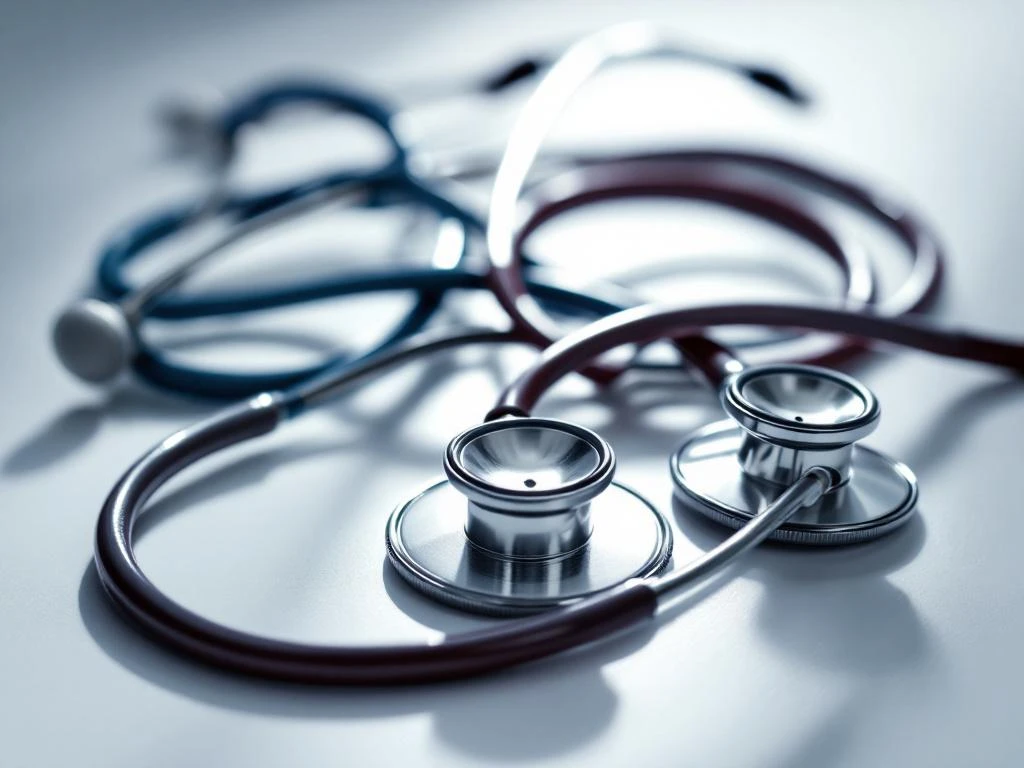 Mehrere medizinische Stethoskope in verschiedenen Farben auf weißer Oberfläche mit dramatischer Beleuchtung