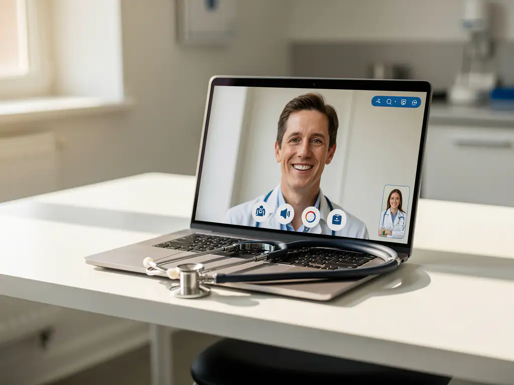Laptop mit Videoanruf-Interface und Stethoskop auf weißem Arztschreibtisch bei natürlichem Licht