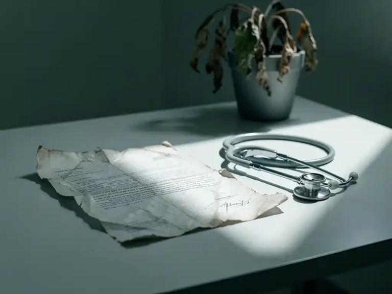 Zerknitterter Vertrag auf klinischem Schreibtisch neben ungenutztem Stethoskop, verwelkte Pflanze im Hintergrund, kühle gedämpfte Töne.