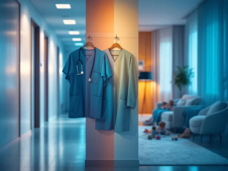 Geteilte Darstellung zeigt Work-Life-Balance von Ärzten: Krankenhaus-Korridor links, gemütliches Zuhause rechts